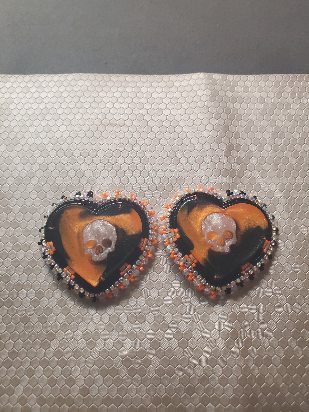 Handmade Beaded Black & Orange Skull Heart Earrings